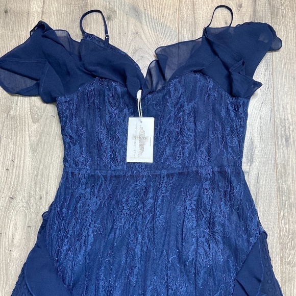 Foxiedox NWT Pintuck Lace Chiffon Maxi Dress Navy Blue Size Small - Picture 8 of 10